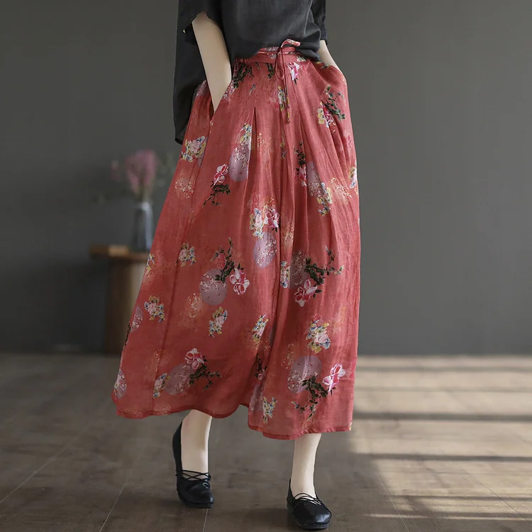 Cozy Retro Linen Floral A-Line Patchwork Skirt