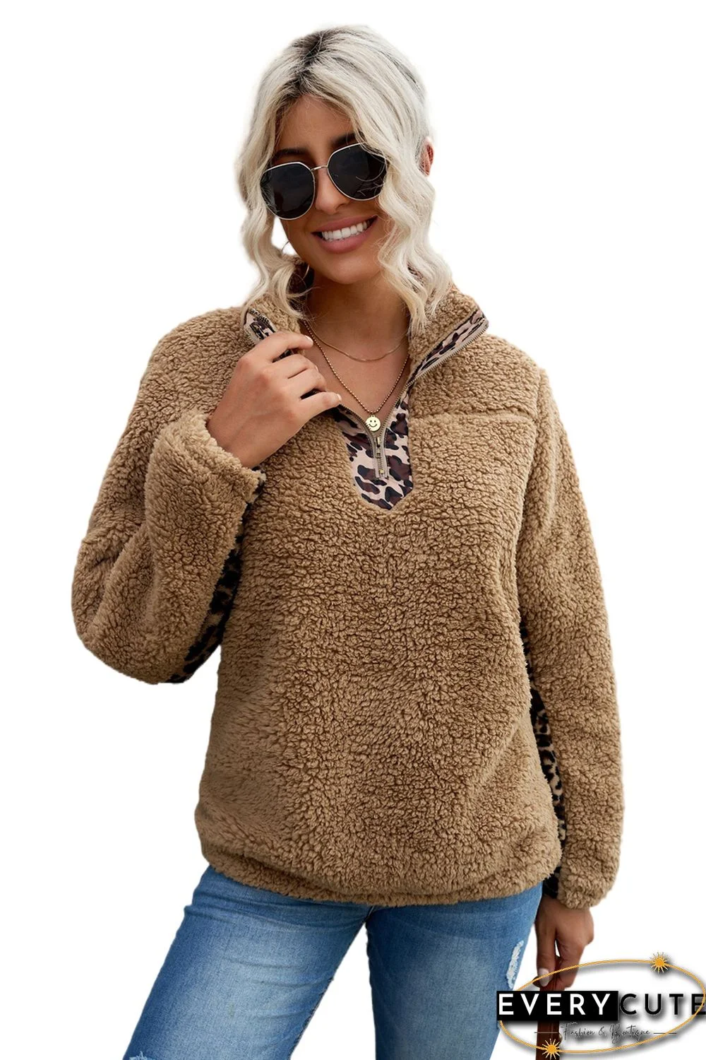 Khaki Turn-down Collar Leopard Splicing Sherpa Sweatshirt