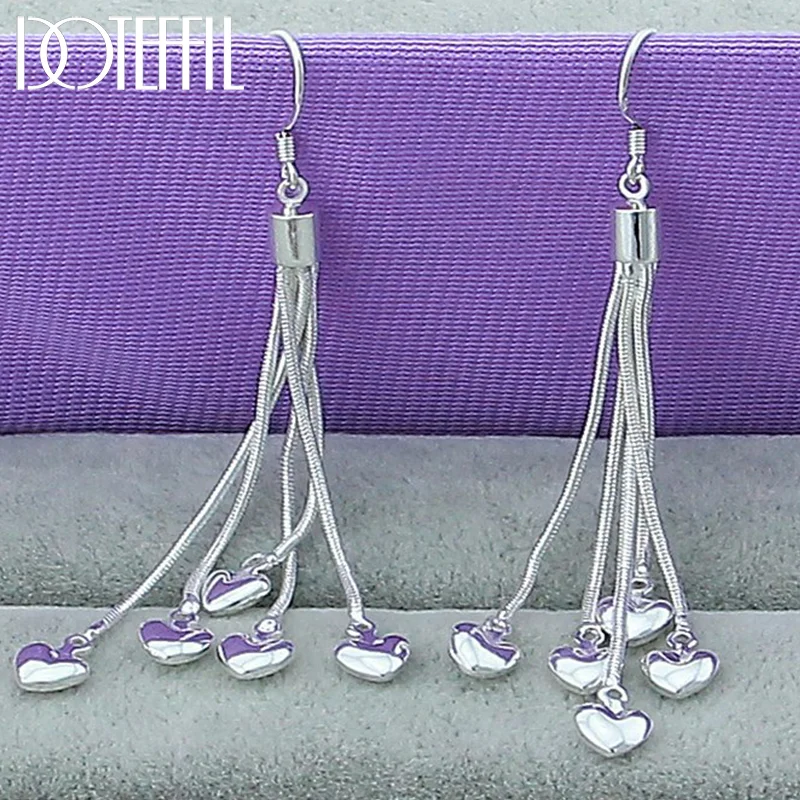 DOTEFFIL 925 Sterling Silver Five Heart Snake Chain Long Drop Earrings For Women Jewelry