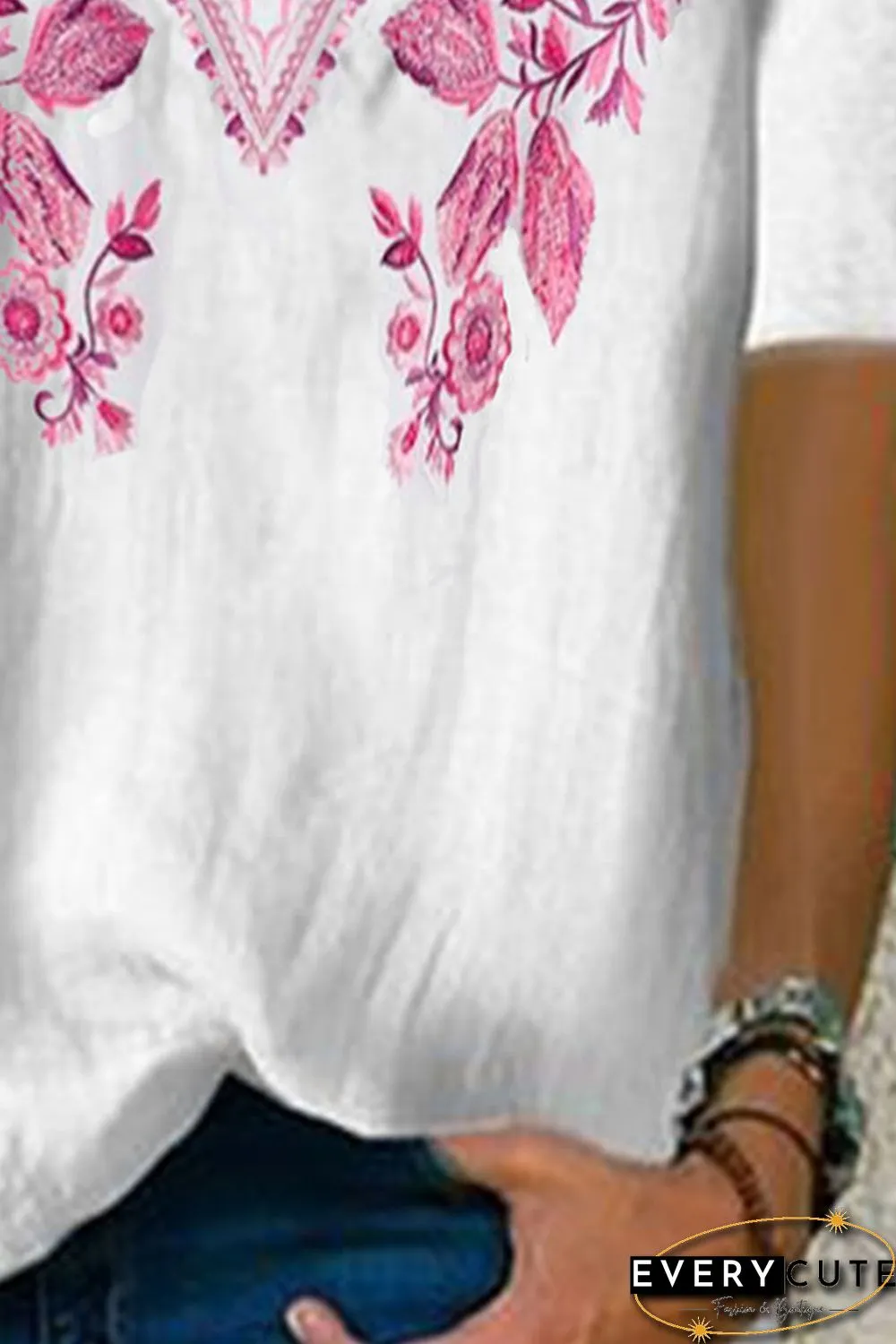 White Floral Pattern V Neck Short Sleeve Top