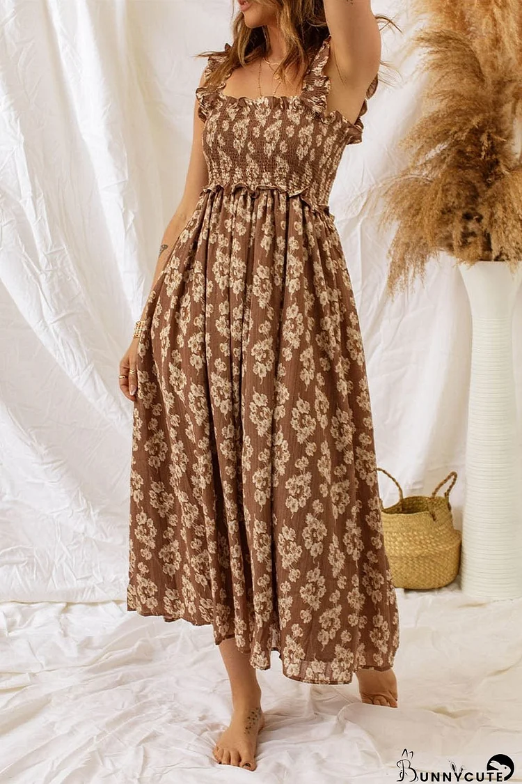 Flattering Floral Smocked Maxi Dress in Brown