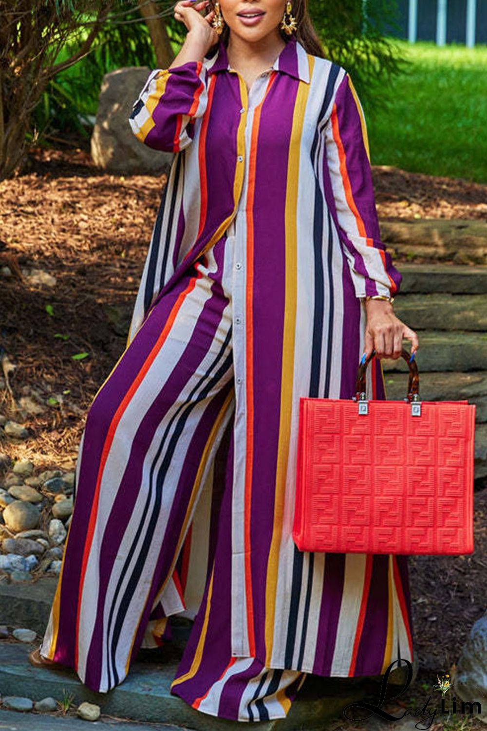 Sky Blue Casual Striped Print Patchwork Buckle Turndown Collar Long Sleeve Two Pieces