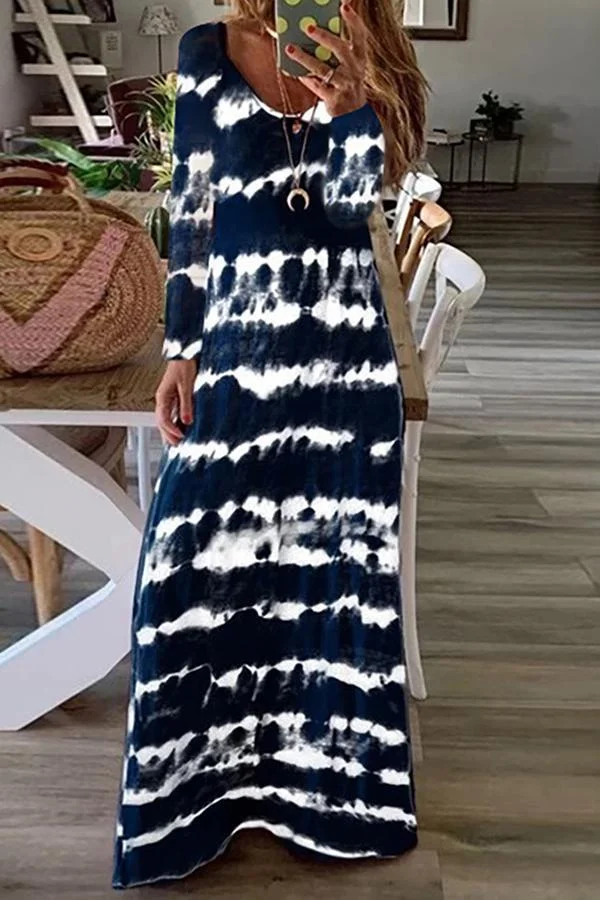 Womens Printed Long Sleeve Striped Dress-Allyzone-Allyzone
