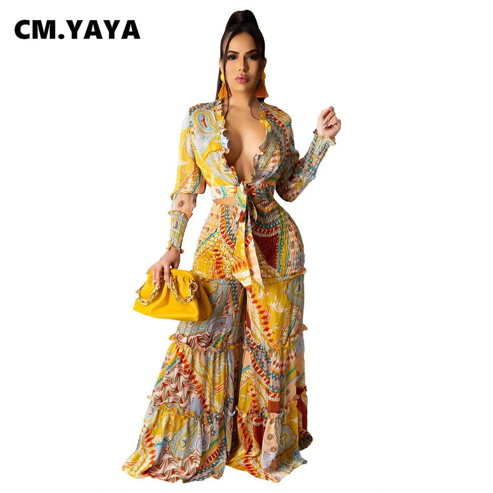 CM.YAYA Autumn Women Set Full Sleeve V-neck Crop Tops Wide Leg Pants Two 2 Piece Sets Street Tracksuit Chiffon Beach Outfits