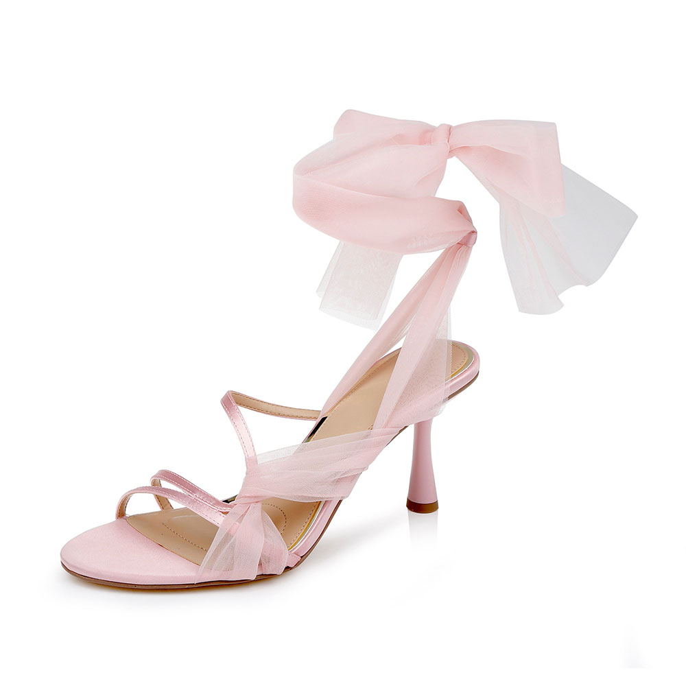 Light Pink Open Round Toe Chiffon Ankle-Tie Flared Heeled Sandals Nicepairs