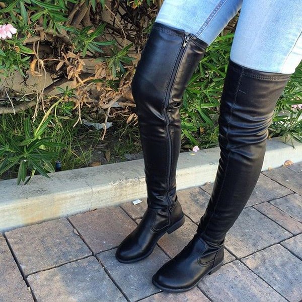 Black Trendy Flat Over-the-knee Long Boots US Size 3-15 |FSJ Shoes
