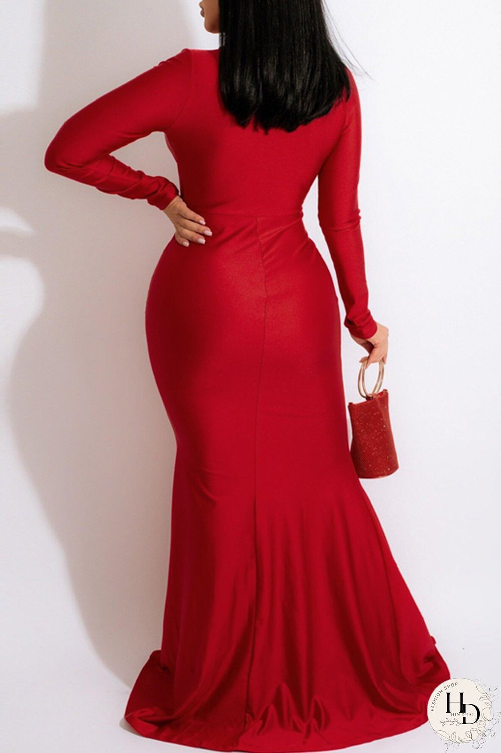 Red Fashion Sexy Solid Slit Fold V Neck Long Sleeve Evening Dress