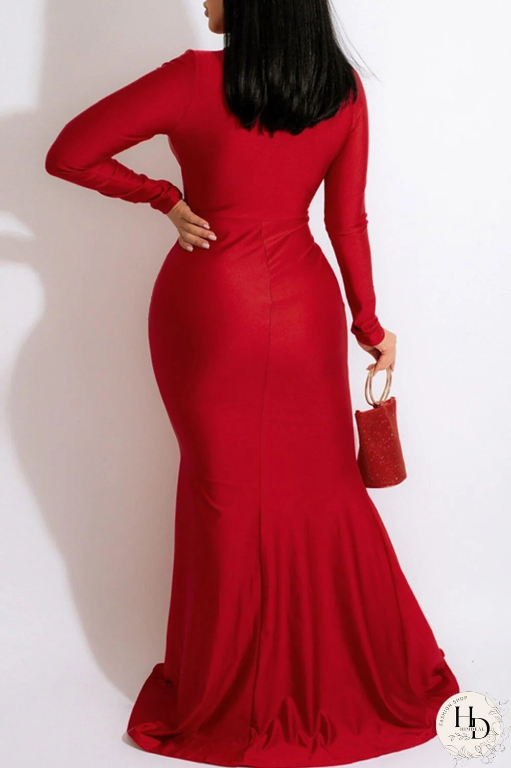 Red Fashion Sexy Solid Slit Fold V Neck Long Sleeve Evening Dress