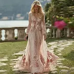 Vintage Boho Floral Embroidered Glitter Flowy Linen Maxi Dress - Image 2