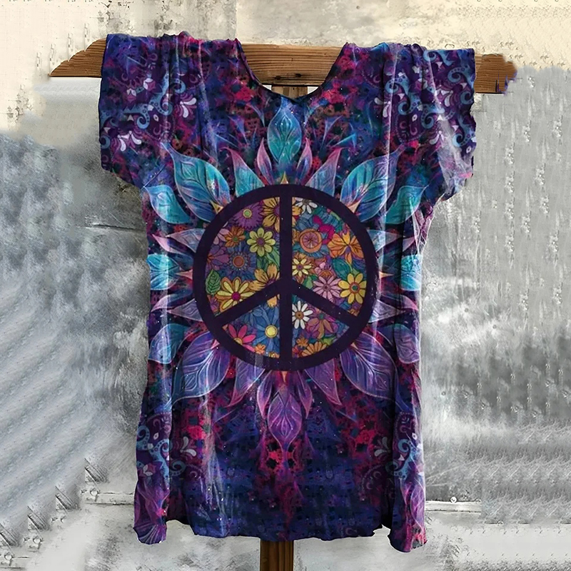 Comstylish Women's Hippie Flower Art Print Linen Blend T-shirt