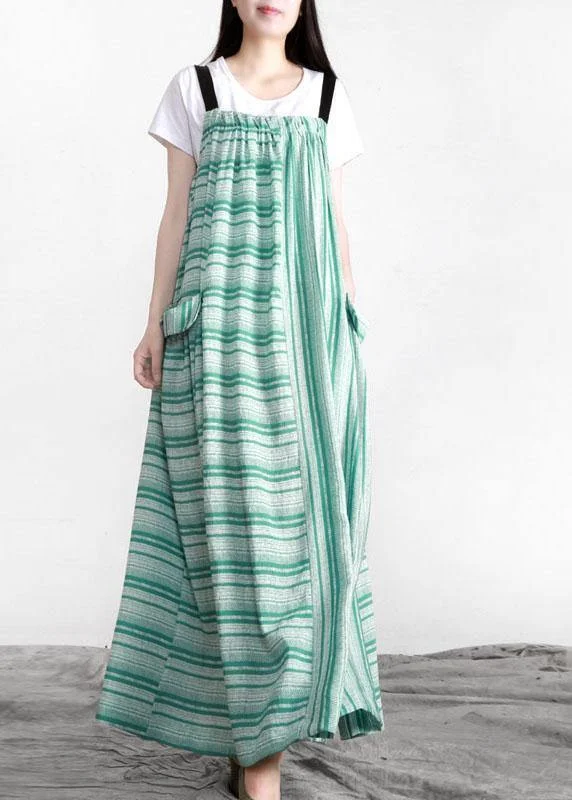 Chic Green Striped Pockets Button Linen Dress