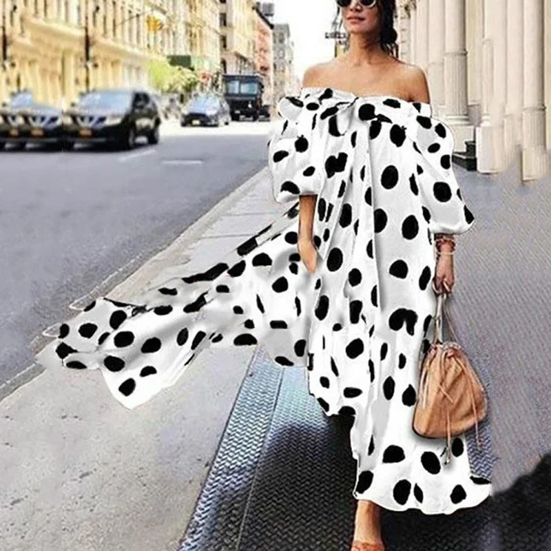 Bohemian Dress Off-The-Shoulder Polka Dot Dress Women's Casual Dress