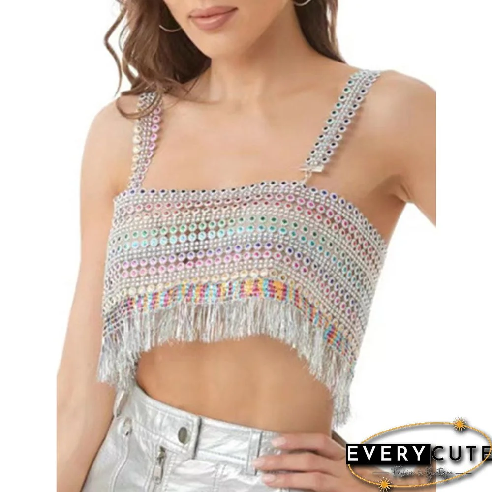 Multicolor Rhinestone Tasseled Spaghetti Strap Crop Top
