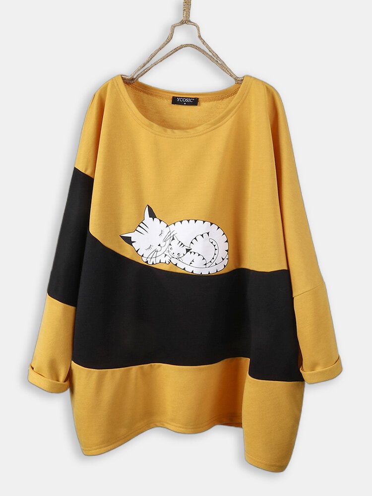 Cat Print Casual Crew Neck Long Sleeve Two-tone Loose Sweatshirt