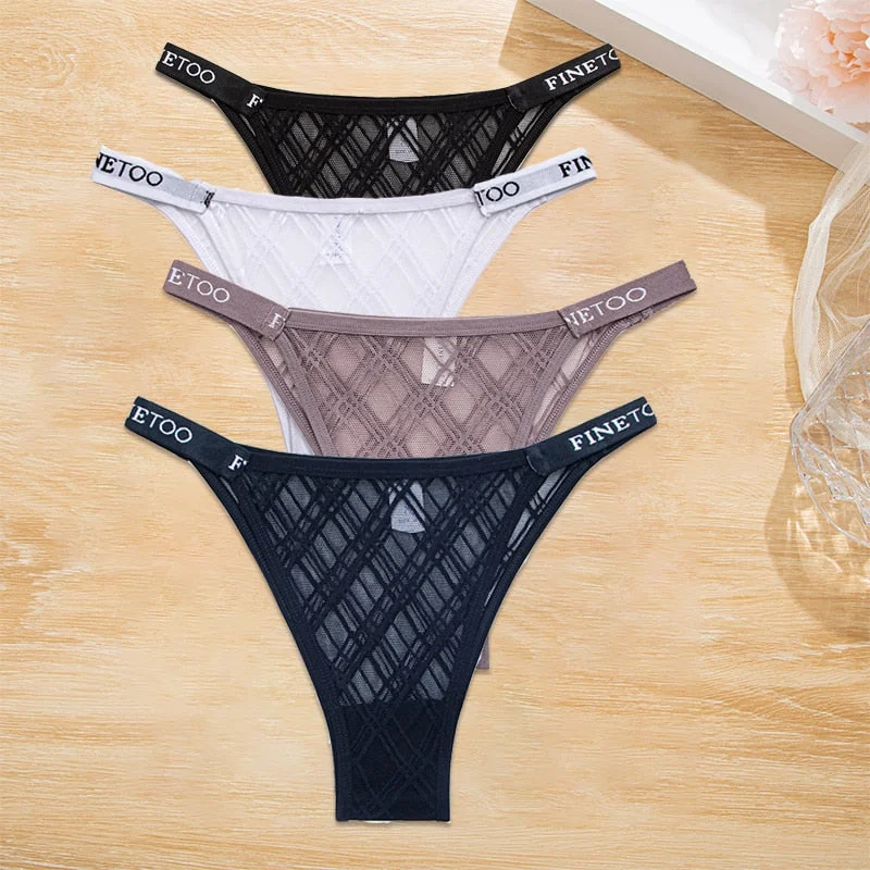 FINETOO 4PCS/Set Women's Lace Lingerie Panties Mesh Gstring Female Underpant Sexy Letter Panties Thong Girls Underwear Intimates