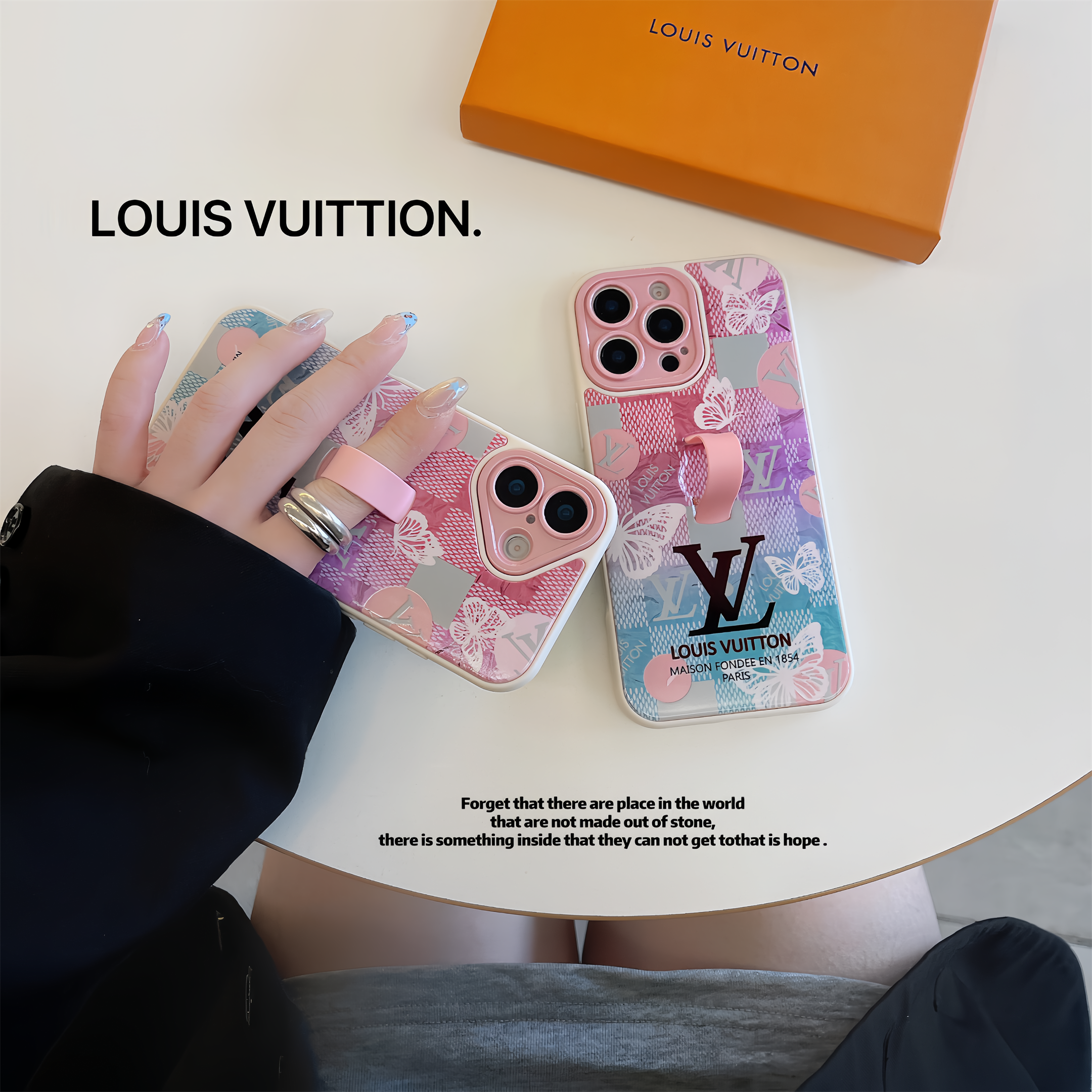 LV Monogram Checkerboard Elegant Butterfly Print Ring Buckle Apple iPhone Case