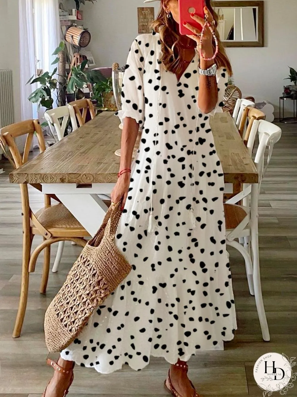 Casual Polka Dots Half Sleeve V Neck Printed Dress