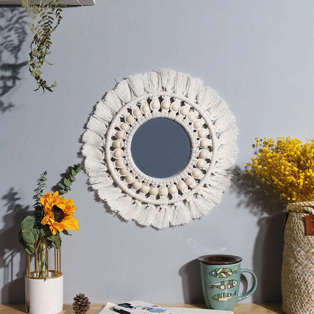 Boho Macrame Wall Hanging Round Decorative Wall Mirrors Home Decor ,Bedroom,Living Room,Nursery,Party Christmas Decorations Gift