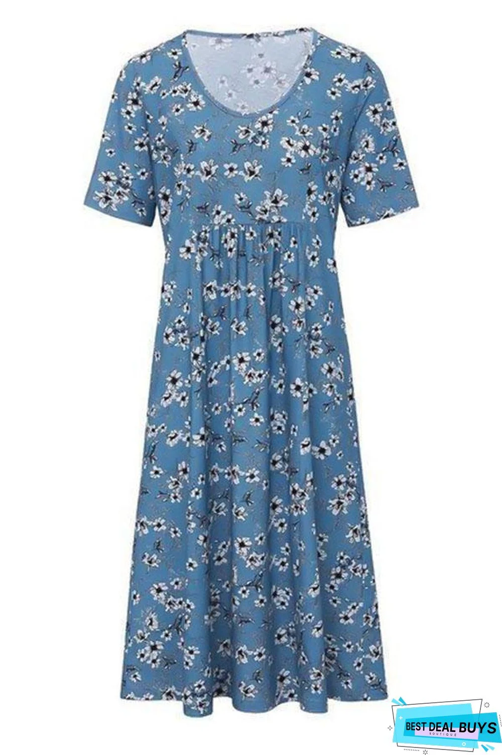 Casual Floral Print Paneled Pockets Short Sleeves Midi Dress