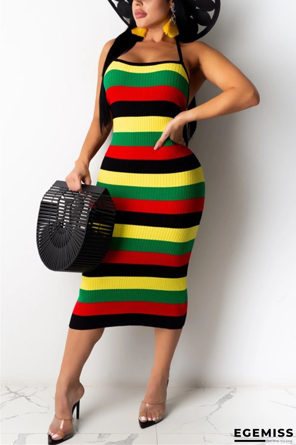 Yellow Fashion Sexy adult Ma'am Off The Shoulder Sleeveless Halter Neck Step Skirt Mid-Calf Striped Dresses | EGEMISS