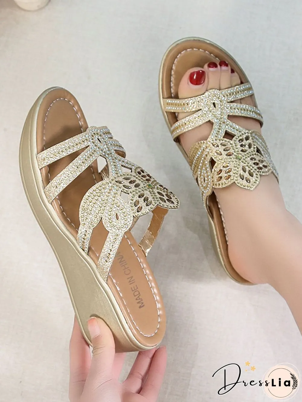 Rhinestone Floral Leaf Cutout Glitter Wedge Slippers