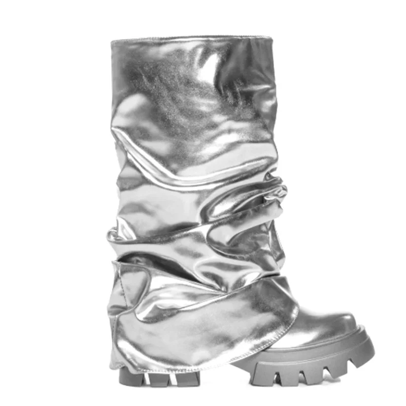 Women Round Toe Thick-Soled Molded Sole Gold and Silver Pleated Slip-on Large Size  Mid Calf Women's Boots Novameme