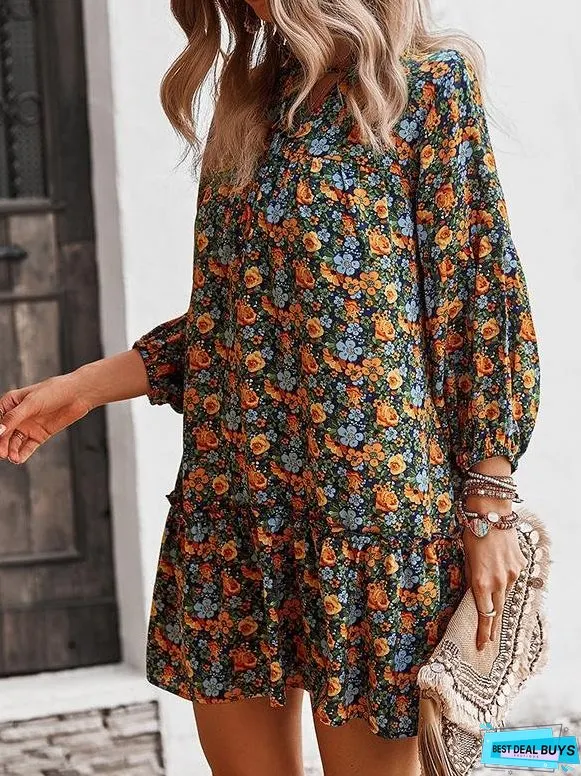 Printed Long Sleeve Casual Holiday Dress