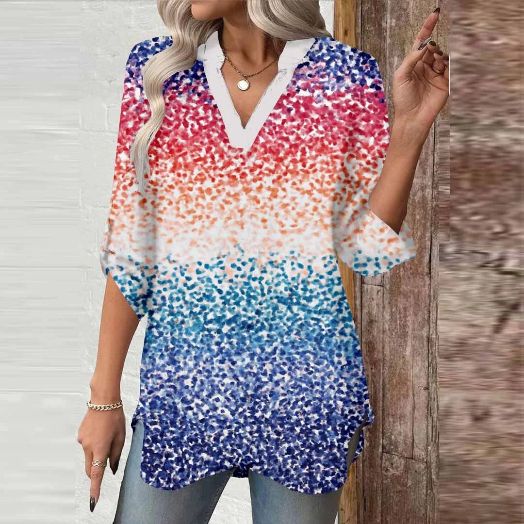 Women Blue, Red, Patchwork DZGA0060 3/4 Sleeve V-neck Printed Graphic Button Tops