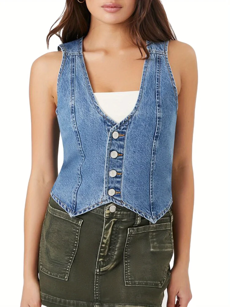 Women's Sleeveless Denim Vest - V-Neck, Button- Jean Waistcoat Jacket | Casual Y2k Summer Crop Top Streetwear, Blend, Machine Washable, Casual Summer Wear | Y2k Fashion Vest | Adjustable Fit Vest