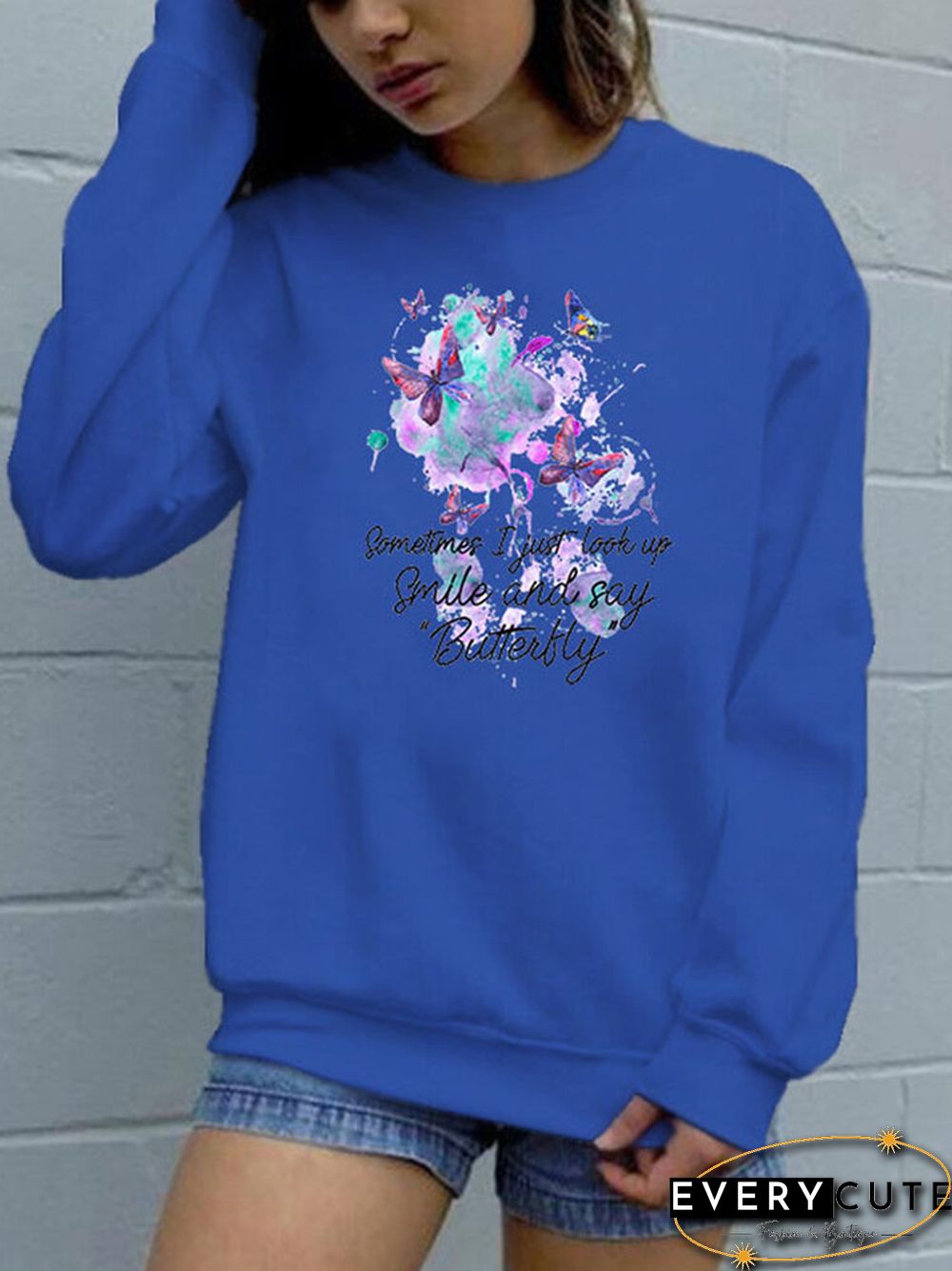 Butterfly Letters Printed Long Sleeve O-neck Sweatshirt For Women