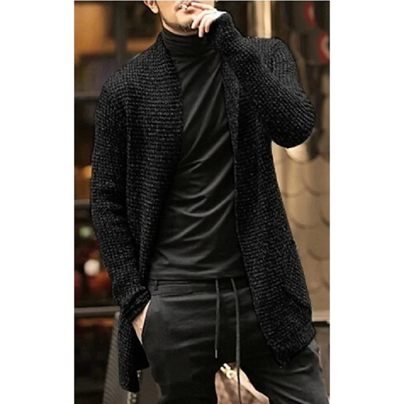 Wongn Wongn Men's Wear Long Sleeve Mixed Color Knit Pocket Cardigan Trench Coat Sweater