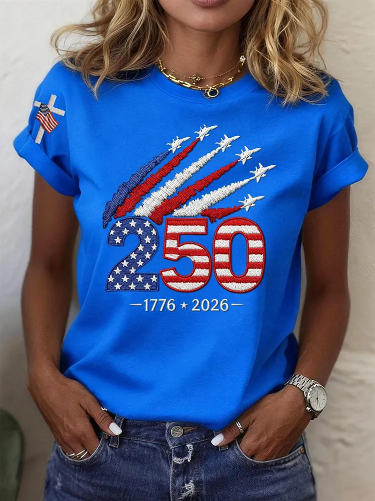 Women&rsquo;s USA 250th Anniversary Embroidered Print Crew Neck Short Sleeve T-Shirt 