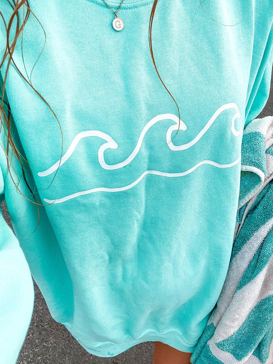 Women Blue Shores And Waves Printed Casual Sweatshirt