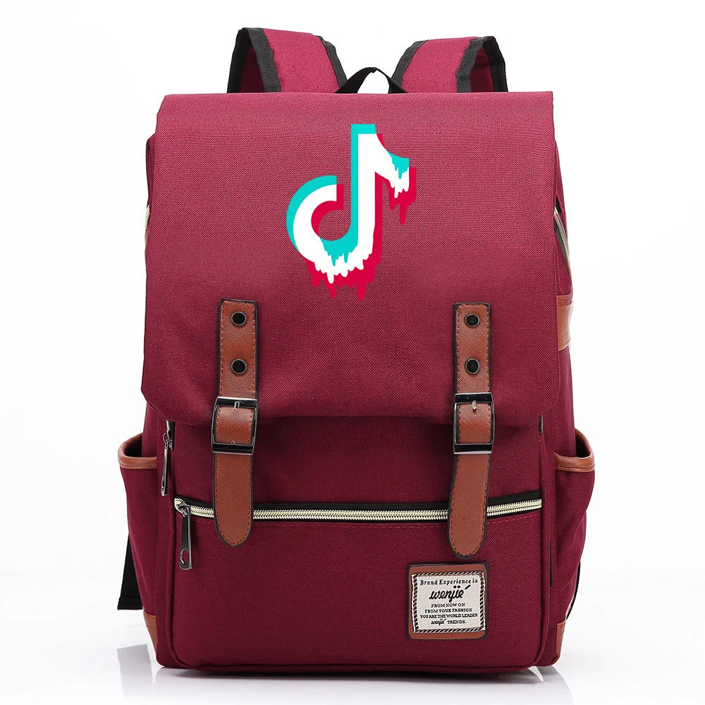 Get Trendy with our TikTok-printed Square Backpack with 15-inch Laptop Compartment and Belt Buckle Design