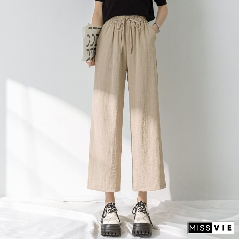 Chic Streetwear Women Y2k Cotton Linen Wide Leg Pants Summer Elastic Waist Ankle-length Pants Lace Up Harajuku Casual Pants