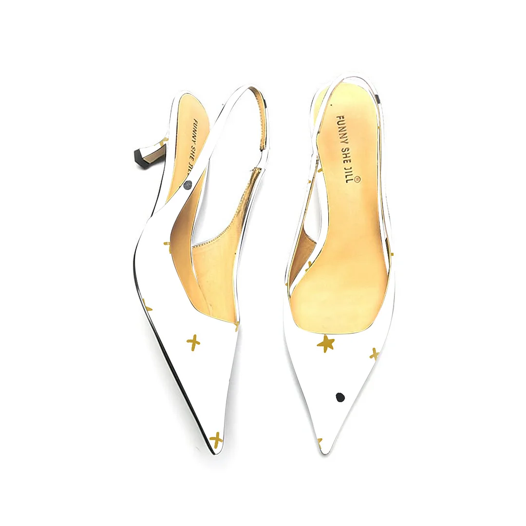 White Patent Leather Slingback Heels Pointed Toe Chunky Heel Pumps