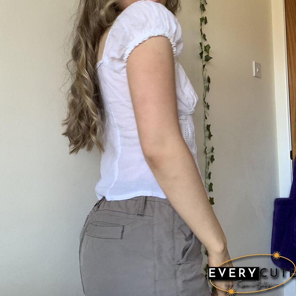 Sweet Kawaii Tshirts Y2K Lace Patchwork Square Collar Chic Buttons Tops Tee Aesthetic Harajuku Grunge Shirt