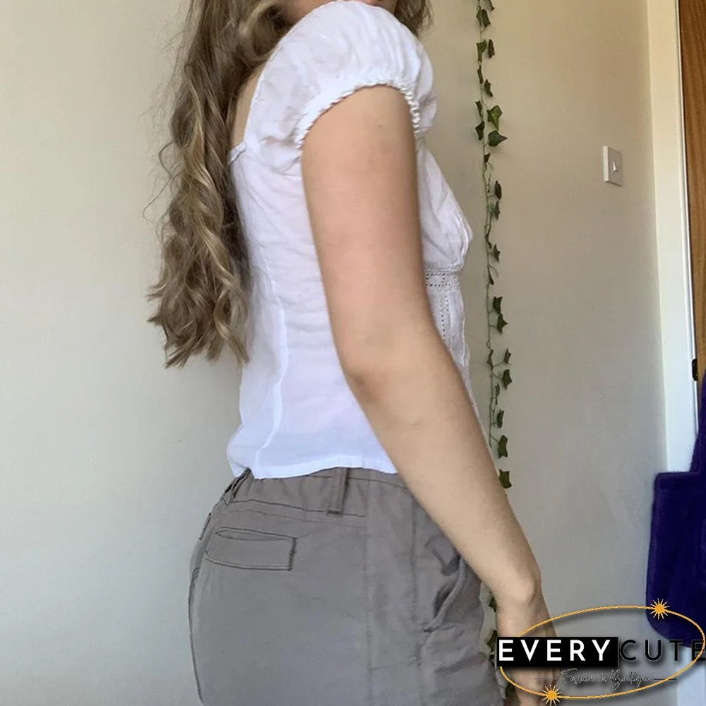 Sweet Kawaii Tshirts Y2K Lace Patchwork Square Collar Chic Buttons Tops Tee Aesthetic Harajuku Grunge Shirt