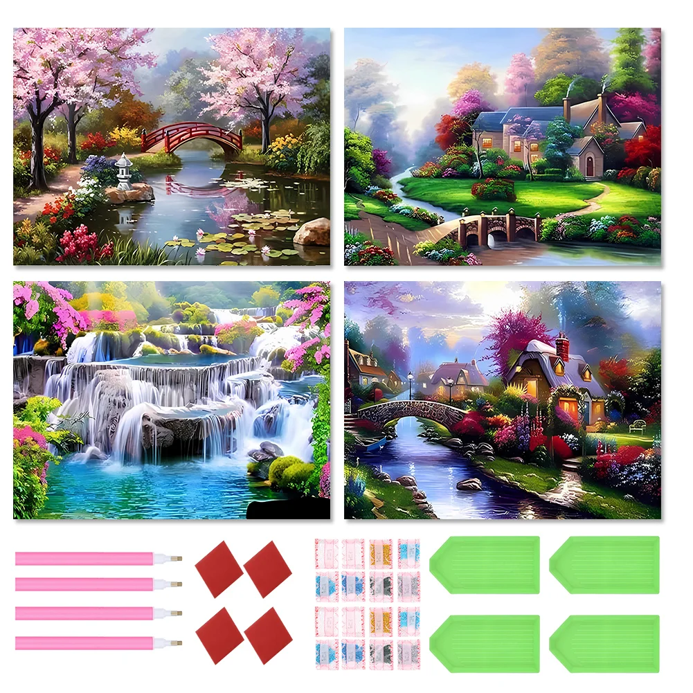 4pcs Diamond Painting - Full Round Drill - Village Scenery(Canvas|40*30cm)