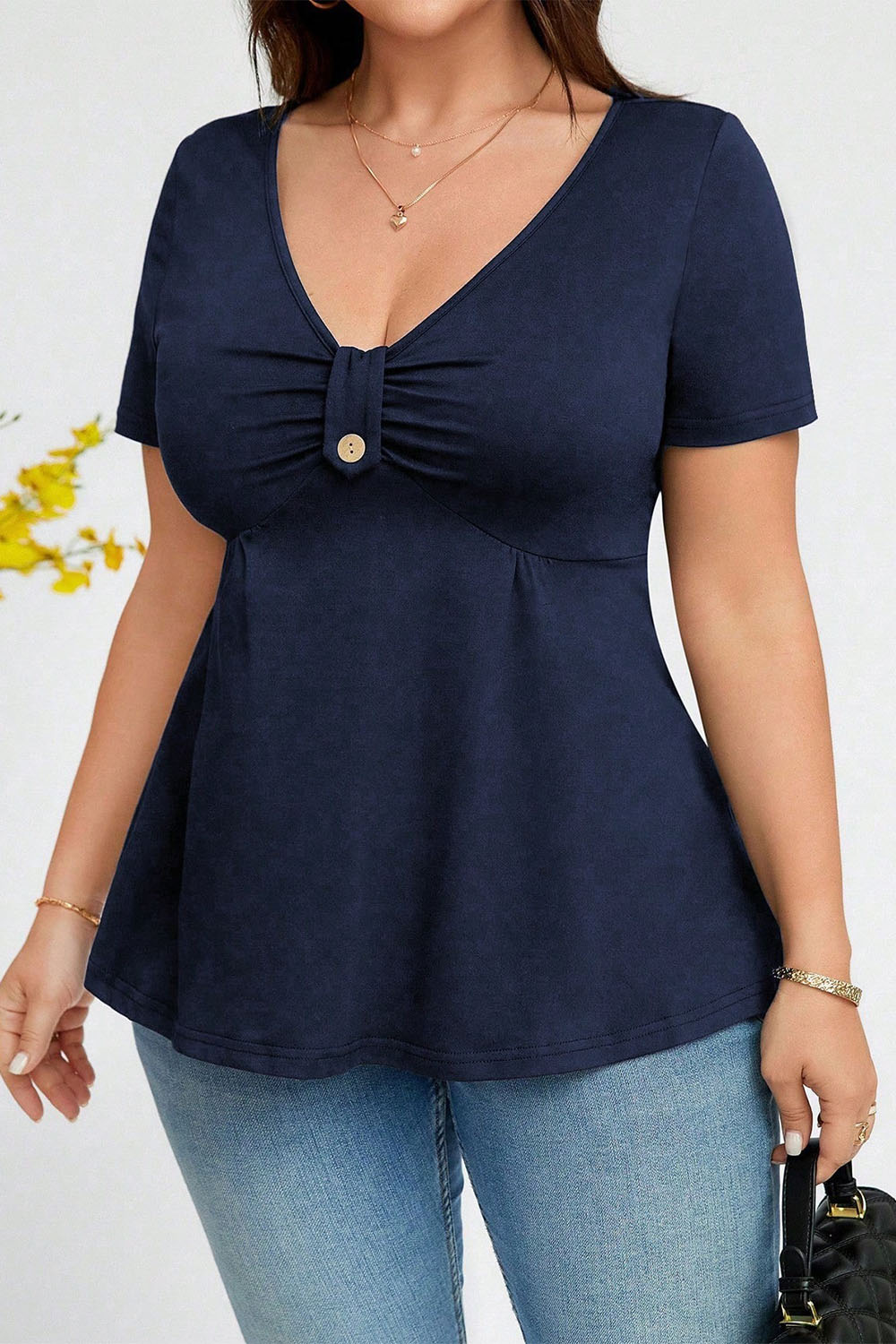 Plus Size Everyday Black Ruched Button Peplum Blouse 2024 - Flycurvy 