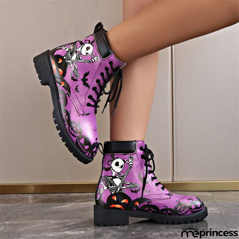 Halloween Element Printed Women's Lace-up Round Toe Martin Boots