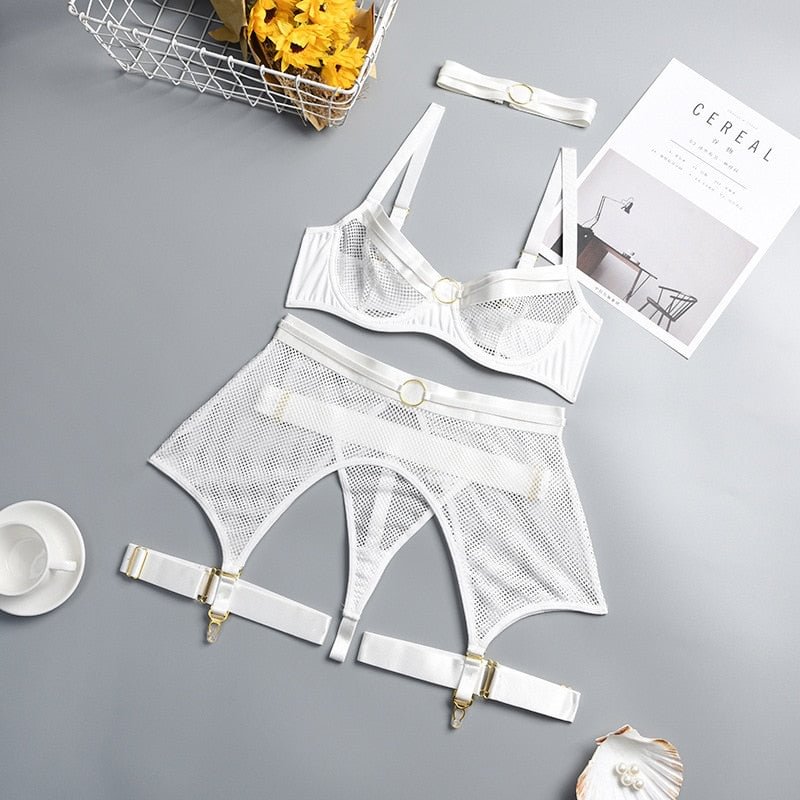 MIRABELLE 4-Piece Set Erotic Lingerie Transparent Bra And Panties Sets Push Up Mesh Underwear Brief Garters Sets Sexy Erotic