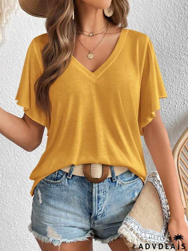 Solid V Neck Butterfly Sleeve Tee