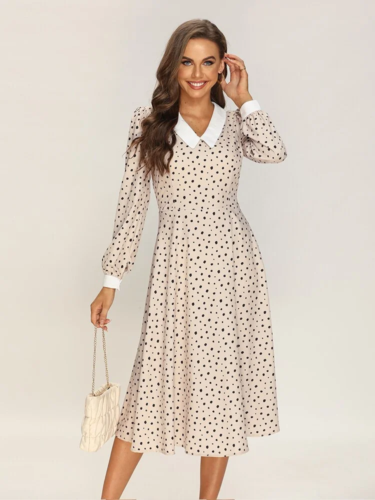 Jangj S.FLAVOR Autumn Polka Dot Print Turn Down Collar A Line Dresses Long Sleeve Patchwork Knee Length Dress Vintage Party Vestidos