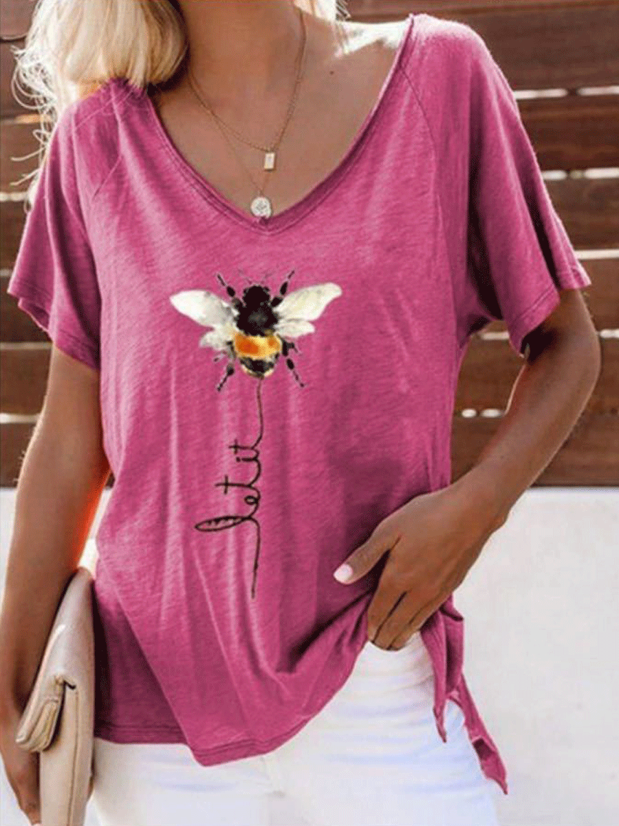 V-neck Short Sleeve Loose Bee Print T-shirt