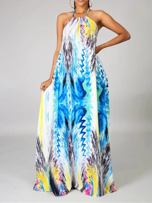 Women's Sleeveless Halter Colorblock Graphic Printed Maxi Dress
