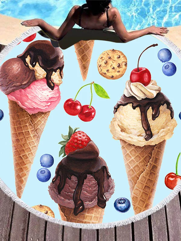 Stylish Color Ice Cream Printed Round Shape Tasseled Soft Beach Mat