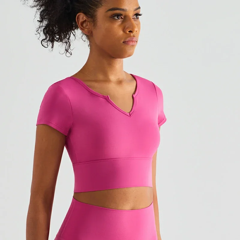 Pink Lychee gym v neck t shirt at Hergymclothing sportswear online shop