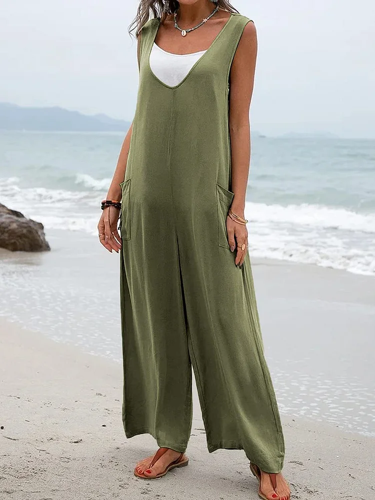 women casual cotton v neck sleeveless solid jumpsuit p105618