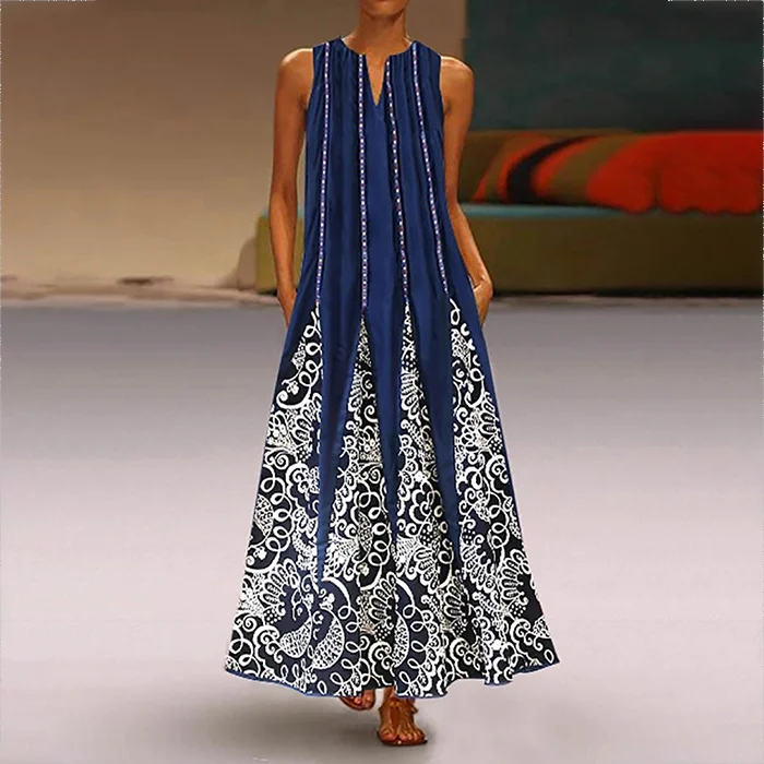 Print Pockets Loose Maxi Dress